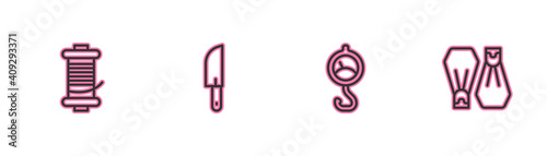 Set line Spinning reel for fishing, Spring scale, Knife and Rubber flippers swimming icon. Vector.