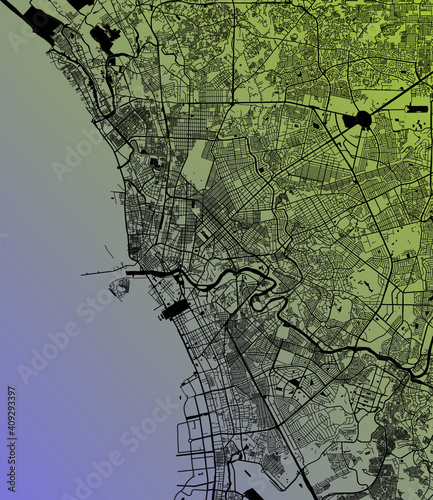 Manila, Metropolitan Manila, Philippines (PHL) - Urban vector megacity map with parks, rail and roads, highways, minimalist town plan design poster, city center, downtown, transit network