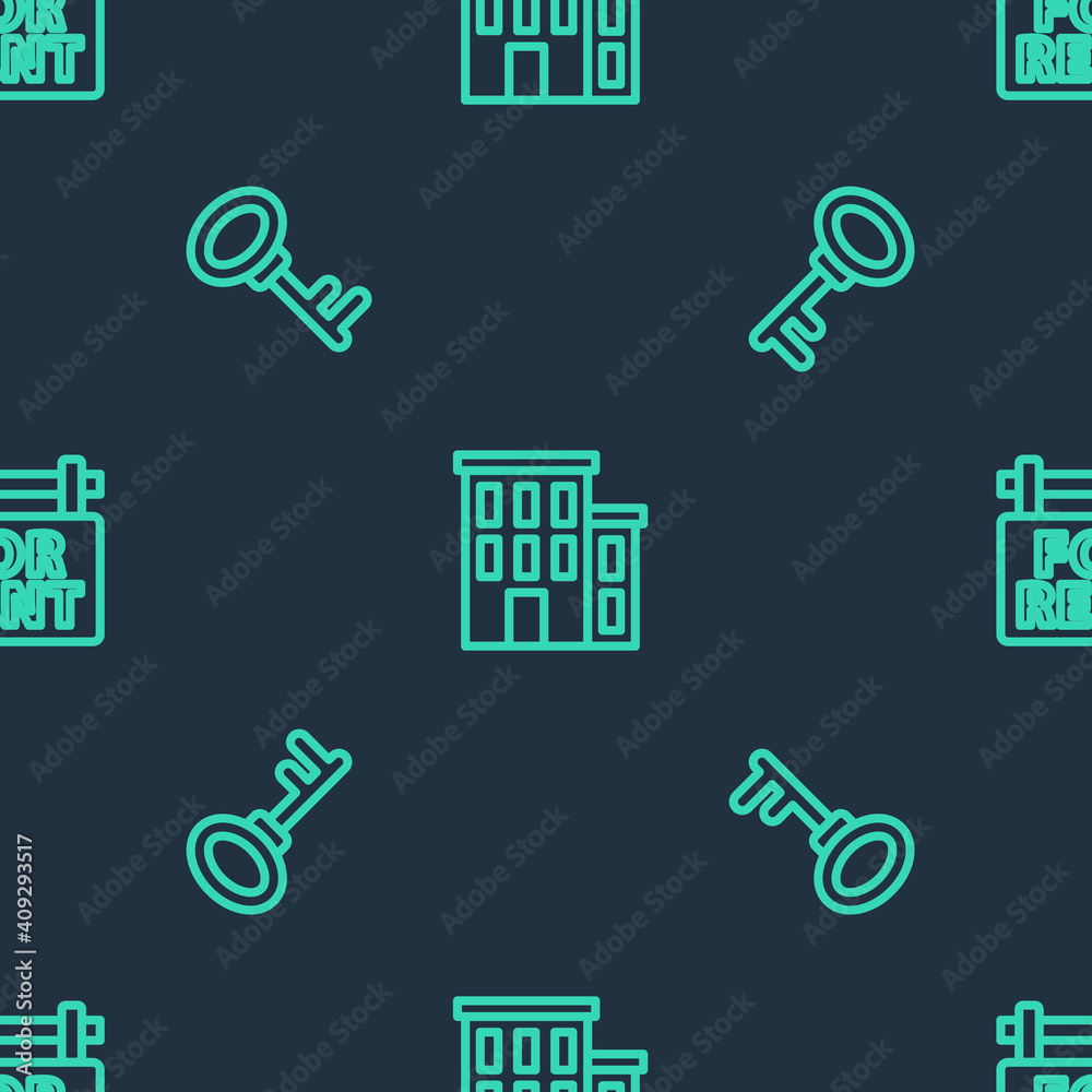 Set line House, key and Hanging sign with For Rent on seamless pattern. Vector. Set line House, key and Hanging sign with For Rent on seamless pattern. Vector.