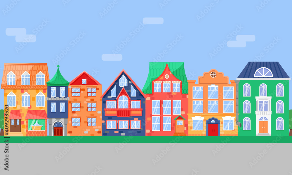 City street with front view houses. Old houses facades with doors, windows and balcony in bright color. City street with front view houses. Old houses facades with doors, windows and balcony in bright color.