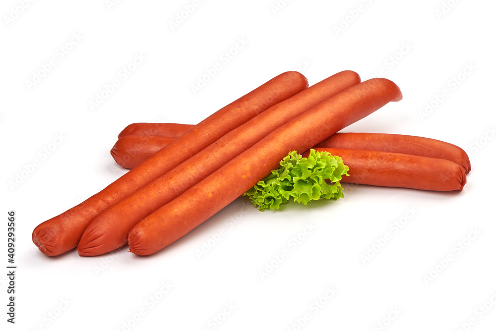 Smoked pork sausages, grill sausages, isolated on white background Smoked pork sausages, grill sausages, isolated on white background