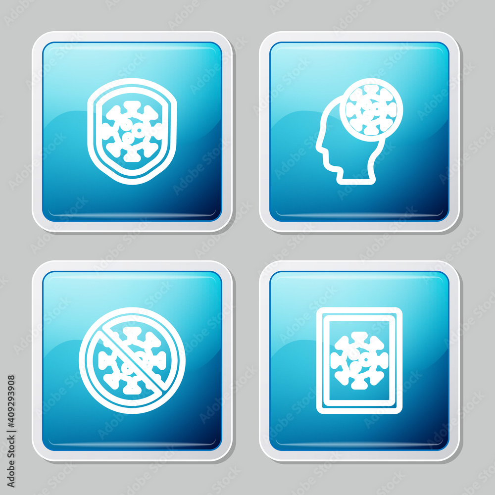 Set line Shield protecting from virus, Human and, Stop and Virus statistics on monitor icon. Vector. Set line Shield protecting from virus, Human and, Stop and Virus statistics on monitor icon. Vector.