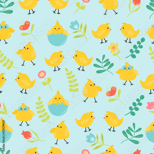 Seamless pattern with lovely chicken, flowers and leaves. Can be used for wallpapers, pattern fills, web page backgrounds, textile. Flat illustration © Asiya