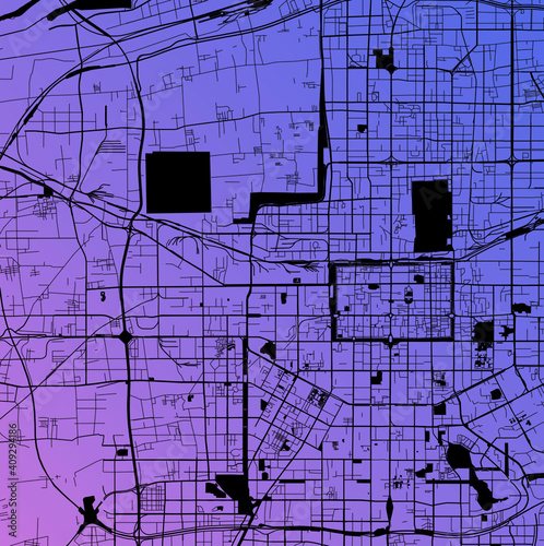 Xian, Shaanxi, China (CHN) - Urban vector megacity map with parks, rail and roads, highways, minimalist town plan design poster, city center, downtown, transit network, gradient blueprint