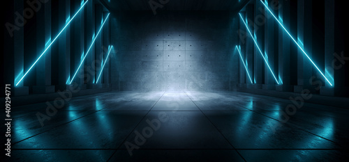 Fototapeta Naklejka Na Ścianę i Meble -  Cement Concrete Sci Fi Futuristic Cyber Neon Electric Laser Lights Glowing Blue Tunnel Corridor Hallway Pillars Dark Background Spaceship Underground 3D Rendering