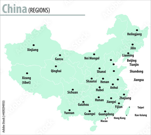 China map illustration vector detailed China map with region names.