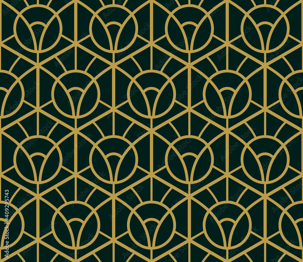 Fototapeta Seamless pattern. Art nouveau. Dark green. Gold ornament. Art deco. Template for wrapping paper. Vintage background. Luxury decor.