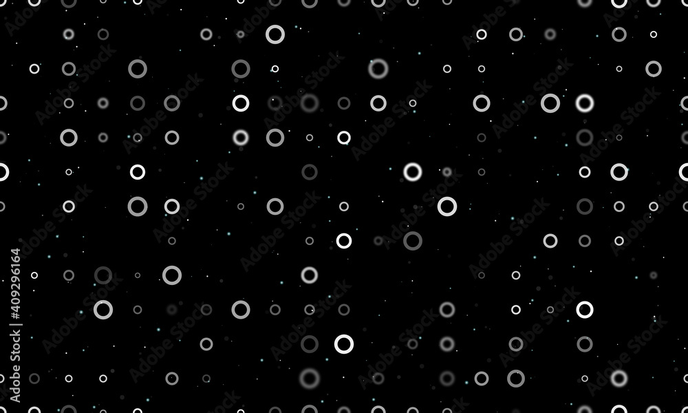 Seamless background pattern of evenly spaced white circle symbols of different sizes and opacity. Vector illustration on black background with stars