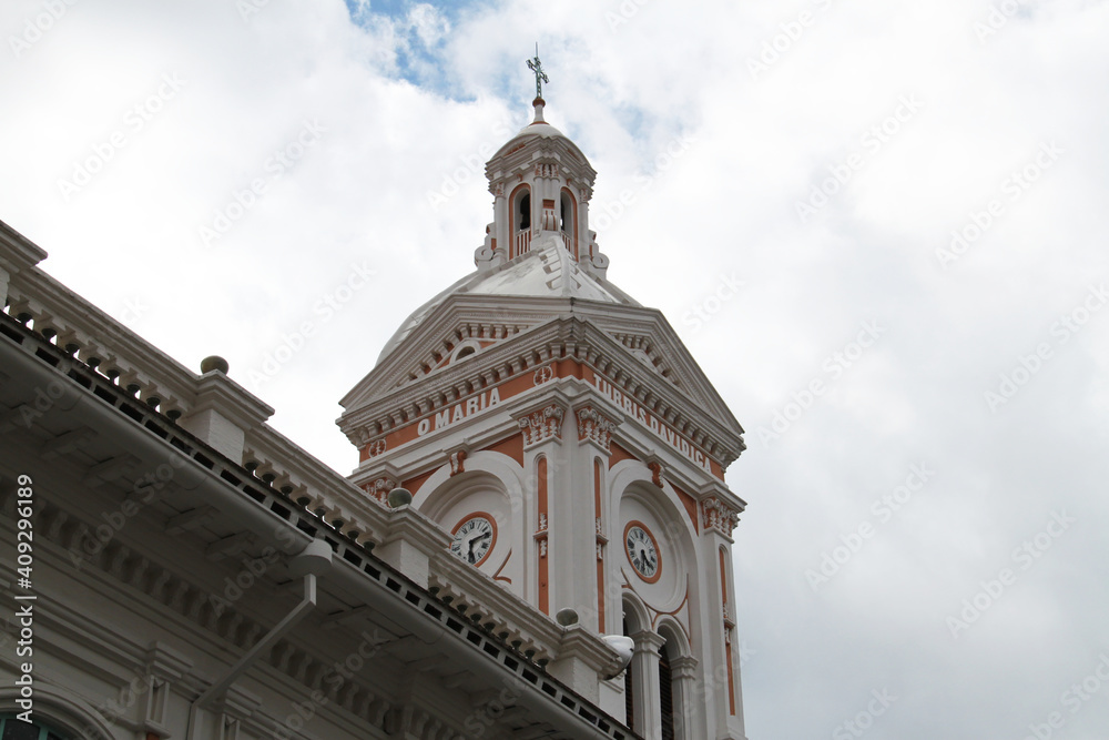 The bell tower of the San Francisco church in Cuenca, Ecuador 