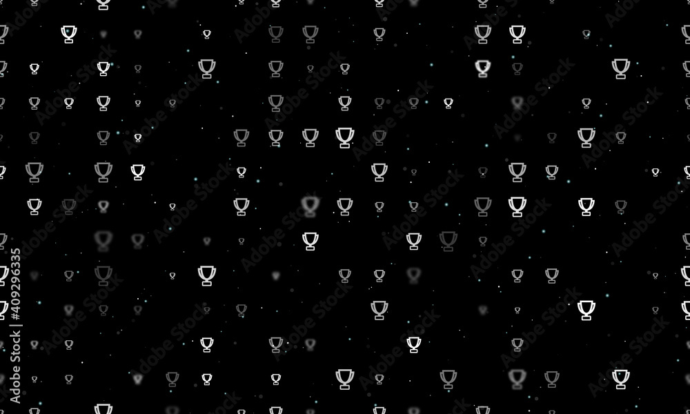 Seamless background pattern of evenly spaced white trophy symbols of different sizes and opacity. Vector illustration on black background with stars