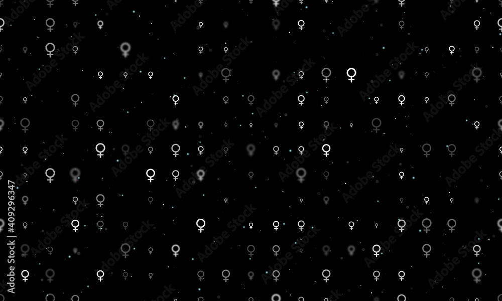 Seamless background pattern of evenly spaced white venus symbols of different sizes and opacity. Vector illustration on black background with stars