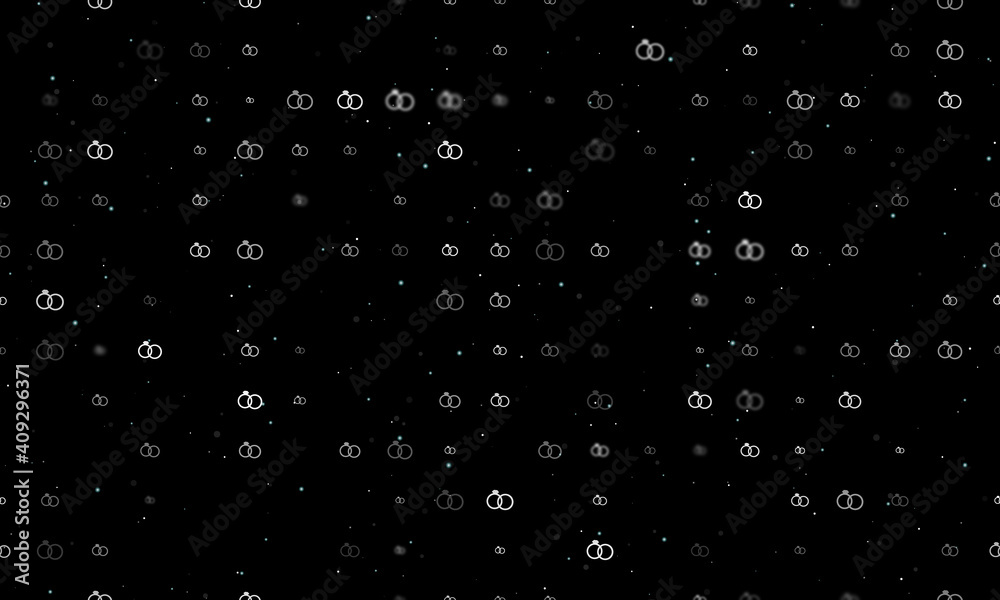 Seamless background pattern of evenly spaced white wedding rings symbols of different sizes and opacity. Vector illustration on black background with stars