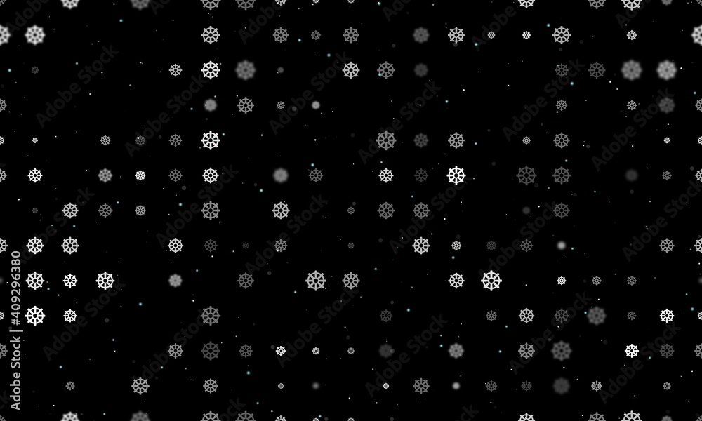 Seamless background pattern of evenly spaced white wheel symbols of different sizes and opacity. Vector illustration on black background with stars