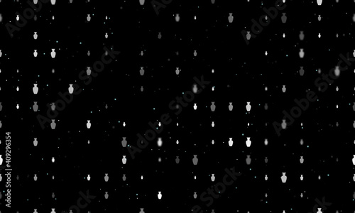 Seamless background pattern of evenly spaced white vases of different sizes and opacity. Vector illustration on black background with stars
