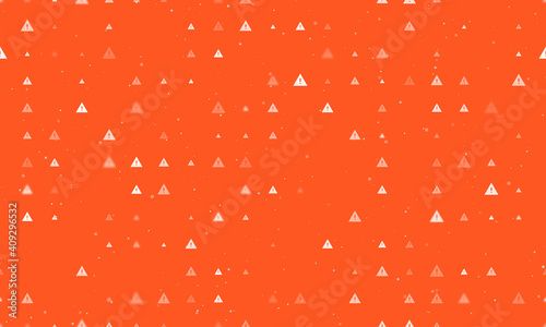 Seamless background pattern of evenly spaced white warning symbols of different sizes and opacity. Vector illustration on deep orange background with stars