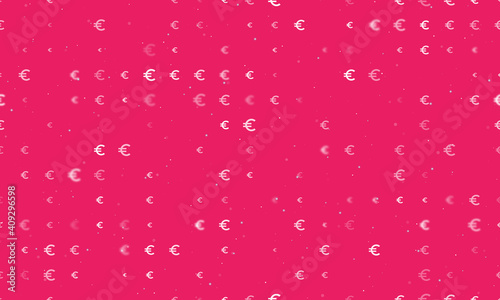 Seamless background pattern of evenly spaced white euro symbols of different sizes and opacity. Vector illustration on pink background with stars