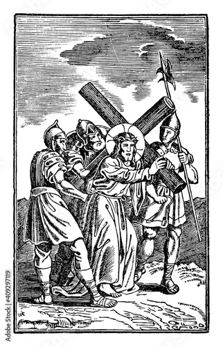 2nd or Second Station of the Cross or Way of the Cross or Via Crucis. Jesus carries His cross.Bible,New Testament. Antique vintage biblical religious engraving or drawing.