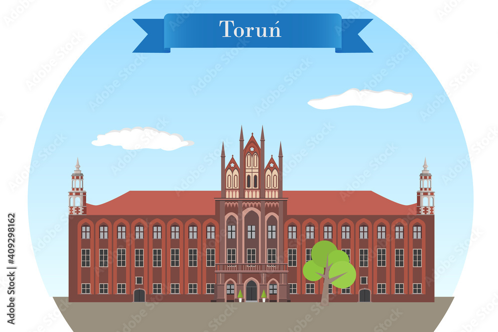Torun, Poland. Historic gothic Town Hall - detailed vector illustration