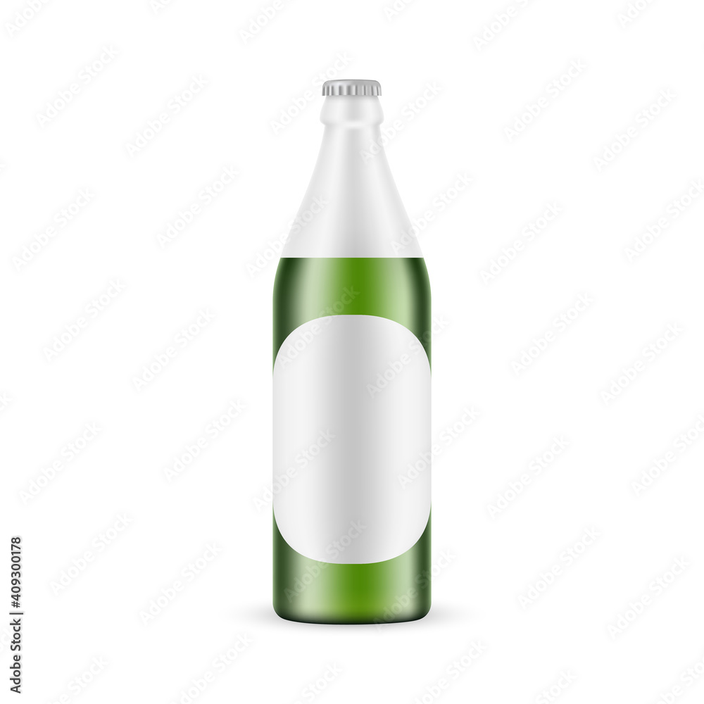 Green Glass Beer Bottle Mockup with Label Isolated on White Background. Vector Illustration