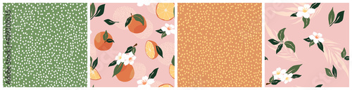 Set of Tropical seamless pattern with oranges, flower, leaf, dots. Simple trendy fruit repeated background. Vector exotic design for paper, cover, fabric, interior decor, print, wallpaper.