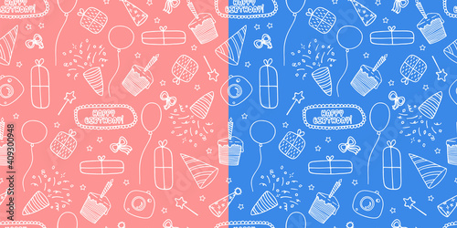 Vector illustration. Set of two cute seamless patterns with Birthday elements on pink and light blue. Holiday decoration design. Hand drawn doodle clipart. For card, children project, banner, fabric.
