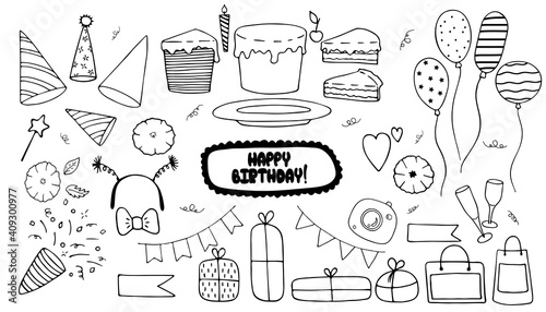 Vector illustration. Big Happy birthday set isolated on a white. Holiday decoration design elements. Hand drawn simple doodle clipart. Perfect for postcards, festive projects, banner, poster, collage 
