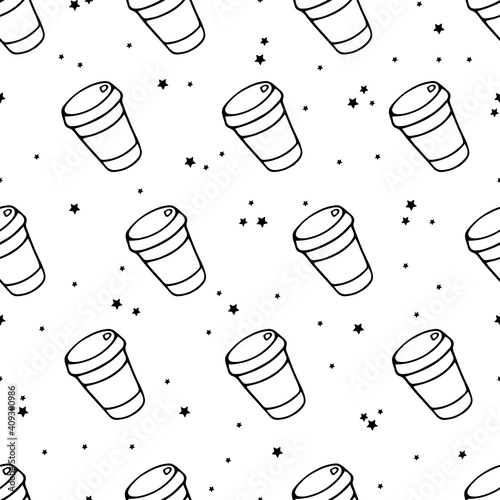 Seamless pattern. Black Paper or Plastic cups of Coffee or Tea and stars on white. Cute background for menu banner, poster, textile, collage, fabric, textile, wrapping paper