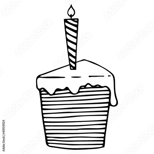 Vector illustration. Piece of cute birthday multi-layer cake with striped candle isolated on white. Hand drawn slice of pie doodle clipart. For menu, poster, food banner, collage, invitation, card.