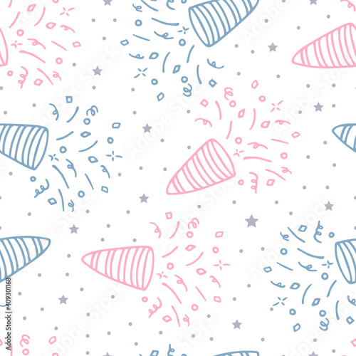 Vector illustration. Holiday background with pink and blue Firecrackers and Confetti. Hand drawn doodle clipart. For postcards  children projects  banner  fabric  gift wrapping paper. Seamless pattern