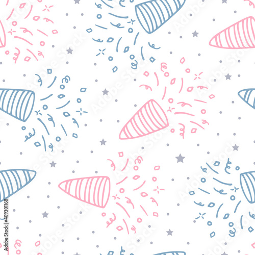 Vector illustration. Holiday background with pink and blue Firecrackers and Confetti. Hand drawn doodle clipart. For postcards, children projects, banner, fabric, gift wrapping paper. Seamless pattern