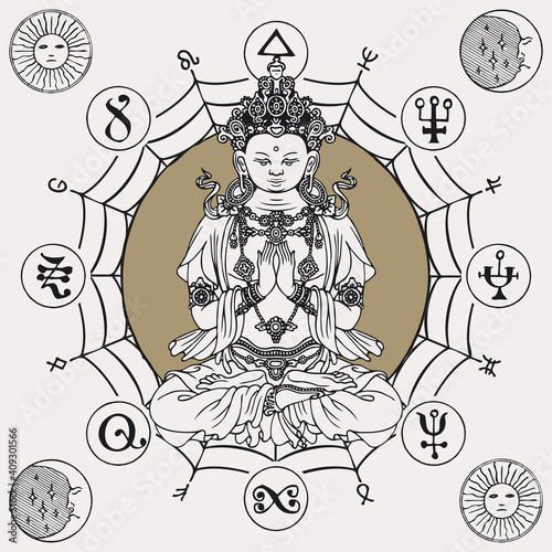 Banner with a figure of meditating Buddha in the lotus position. Decorative vector illustration of hand-drawn Buddha with buddhist signs. Suitable for greeting card, poster, amulet, t-shirt design