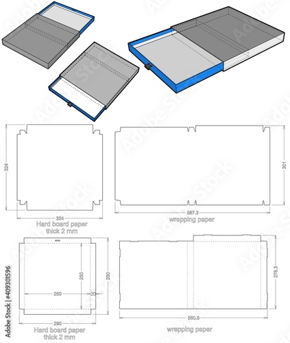 Rigid Box Drawer hard board paper thicknes 2mm (Internal measurement 25x25x2 cm) and Die-cut Pattern. The .eps file is full scale and fully functional. Prepared for real cardboard production.
