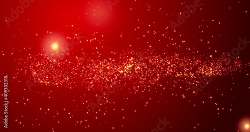 Golden confetti bokeh lights on the red background. 3d illustration © flying creature