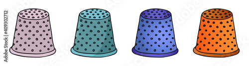 Set of four hand drawn doodle sewing thimbles in different color versions: flat and gradient. Isolated logo or label colored cartoon vector illustration	