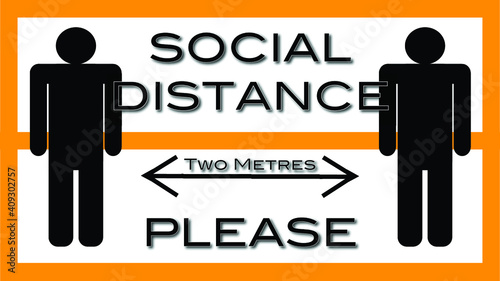 Social Distance Caution and alert orange rectangle with horizontal slash sign isolated on transparent background. Two Metre minimum in metric measurement.