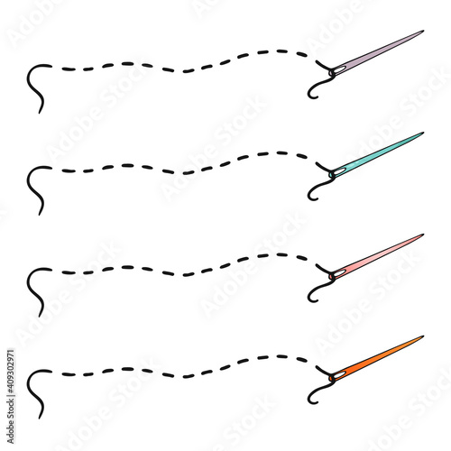 Set of hand drawn different colored sewing needles with thread in doodle style. Vector isolated cartoon illustration on white background	