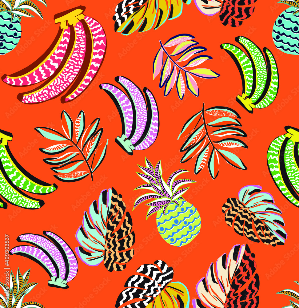 tropical pattern with bananas, pineapples and tropical leaves tropical pattern with bananas, pineapples and tropical leaves
