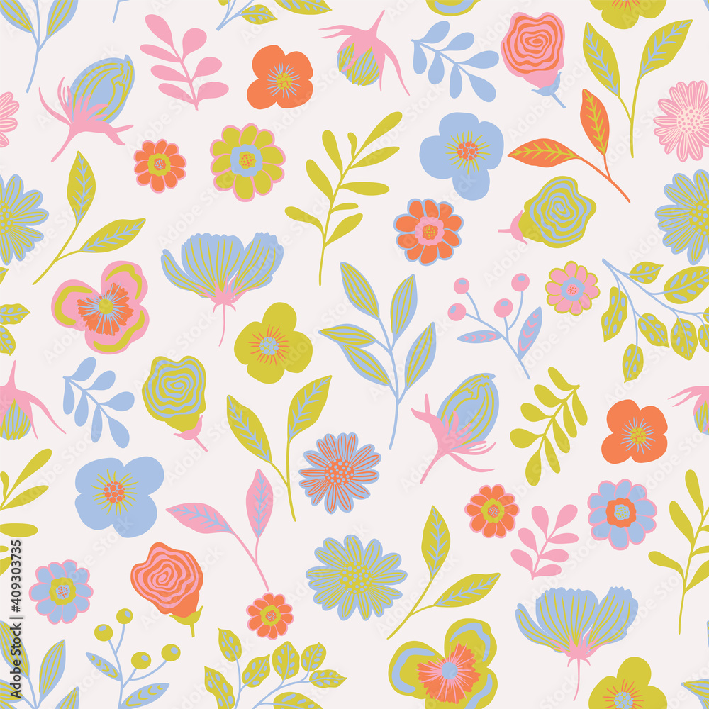 Vector colorful wild flowers seamless pattern background.