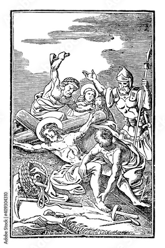 11th or eleventh Station of the Cross or Way of the Cross or Via Crucis. Jesus is nailed to the cross.Bible,New Testament.Antique vintage biblical religious engraving or drawing.