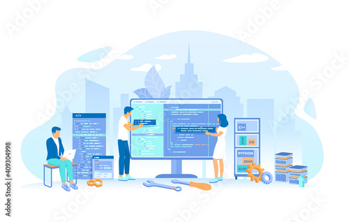 Team of programmers write program code on a big monitor screen. Back-end Development, Coding, Testing, Software Engineering, Programming languages. Vector illustration flat style.