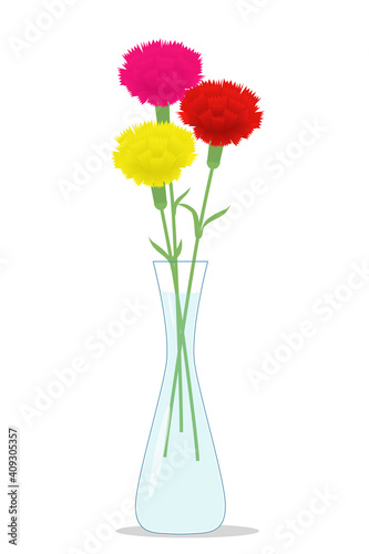 Carnation. A bouquet of red, yellow, pink carnations in a vase on a white background. Isolated vector image. Clipart