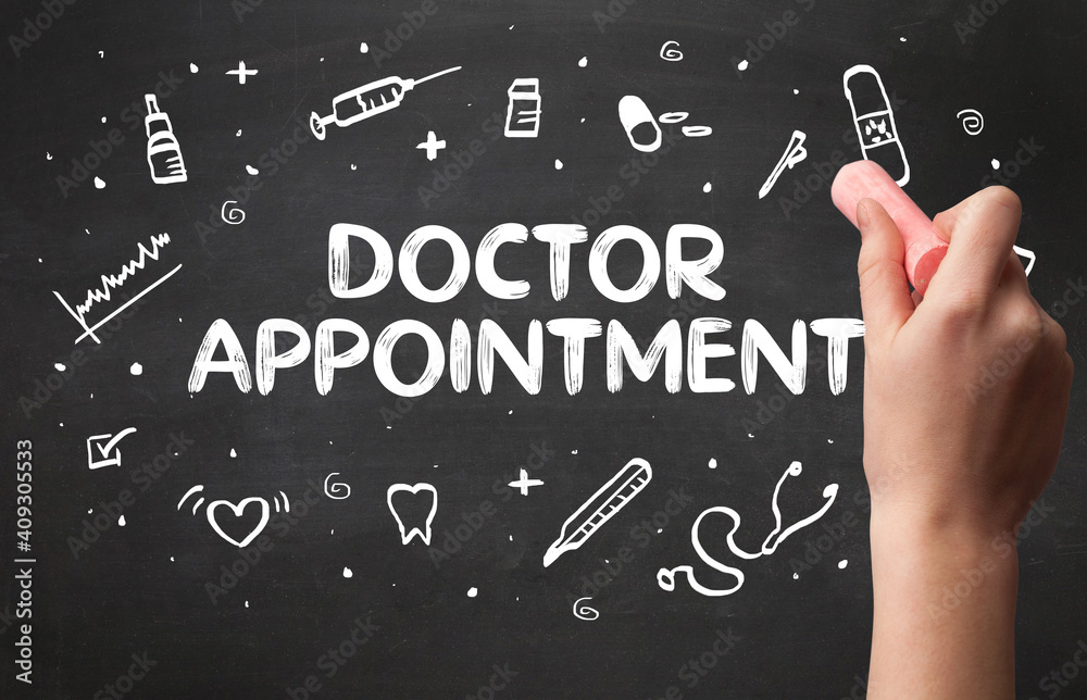 Hand drawing DOCTOR APPOINTMENT inscription with white chalk on blackboard, medical concept Hand drawing DOCTOR APPOINTMENT inscription with white chalk on blackboard, medical concept