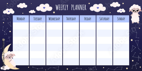 Cute childish weekly planner for kids with sheep sleeping, sweat dreams concept, night with stars and moon, clouds