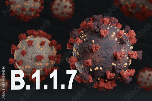 b.1.1.7 new british variant and mutation of coronavirus, covid 19 strain b117, virus protein infection, 3D Illustration photo