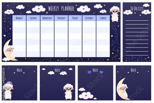 Set of notes and planners for kids with cartoon style animal character - sheep sleeping on moon, stars and clouds around