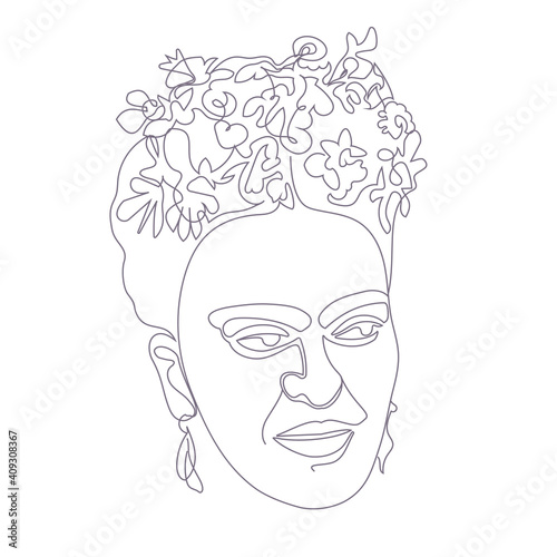 Frida Kahlo . Beautiful vector one line illustration of woman portrait