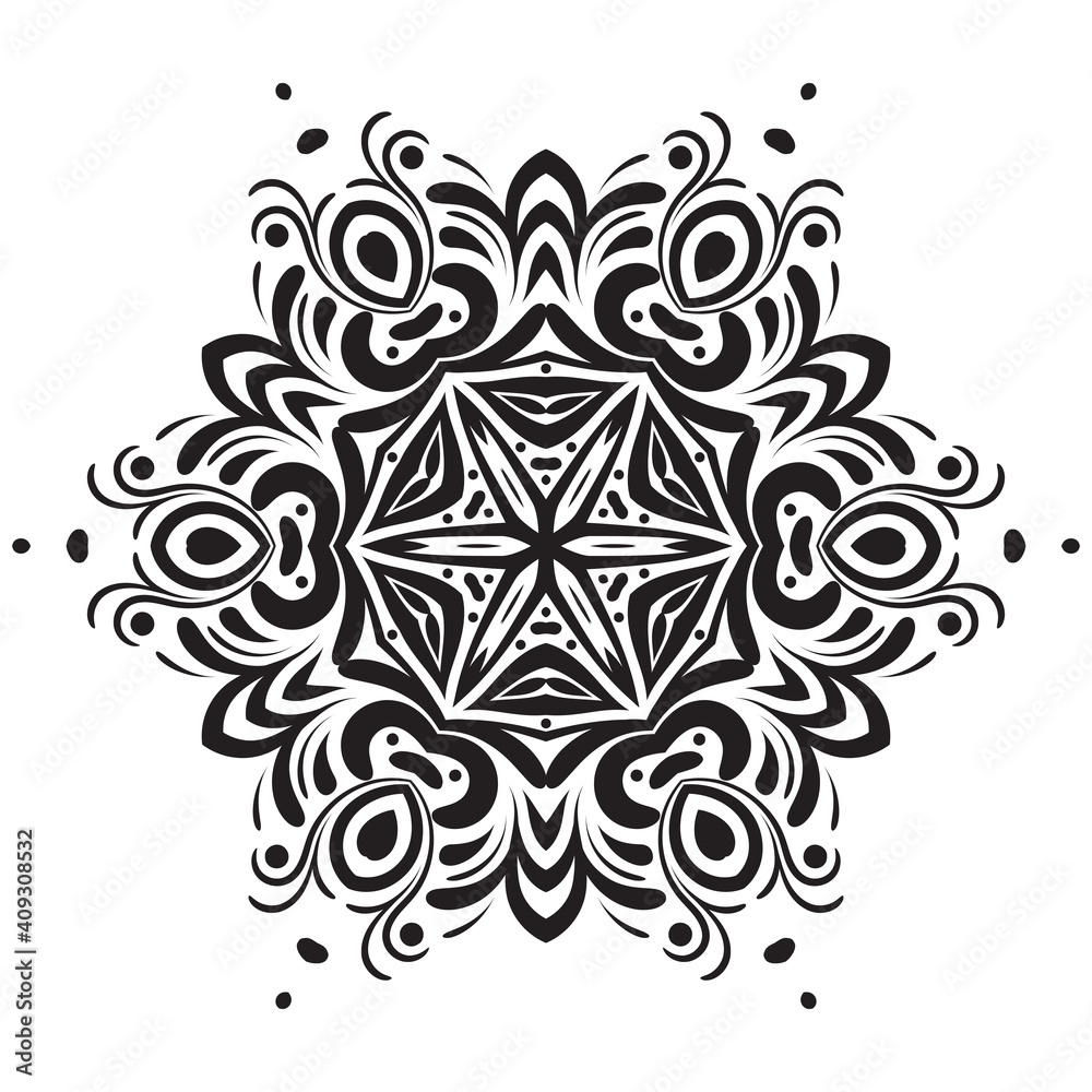 Mandala. Decorative round ornaments. Weave Indian design elements. Yoga logos. Snowflake. Black and white vector illustration. Good for greeting cards, invitations, prints, textiles, tattoo, engraving