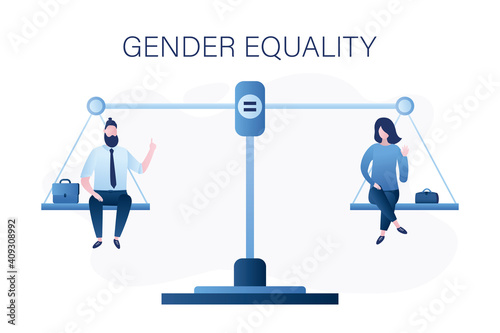 Gender equality, concept banner. Businessman and businesswoman sitting on scales. Equal rights for men and women in work and business.