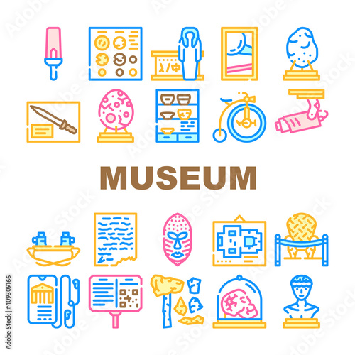 Museum Exhibits And Excursion Icons Set Vector