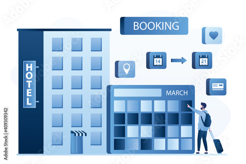 Hotel building, apartments online booking. Tourist with luggage looks at calendar and reservation room. Trip planning